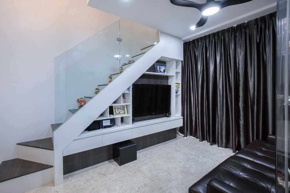 Contemporary Living Room with Bookshelf and Marble Floor