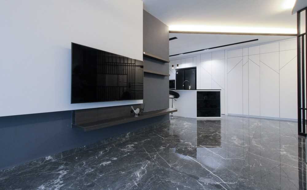 Minimalist Living Room with Homogeneous Tiles and TV Console