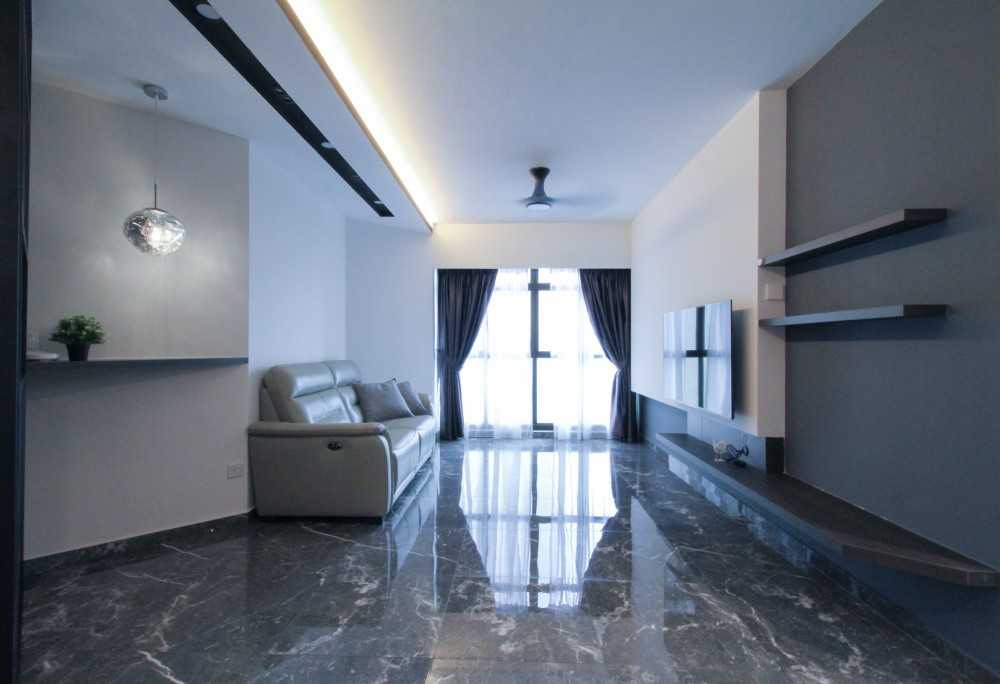 Minimalist Living Room with Homogeneous Tiles and Downlights