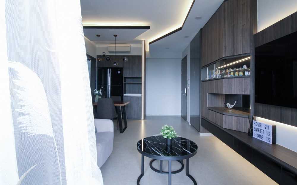Modern Living Room with Homogeneous Tiles and TV Console