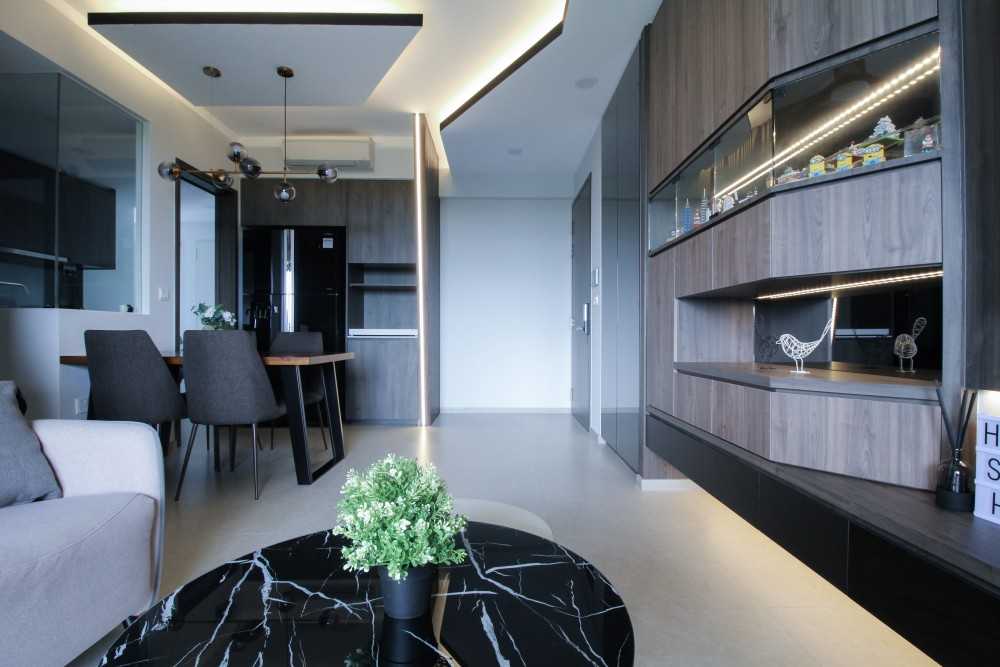 Modern Living Room with Homogeneous Tiles and TV Console