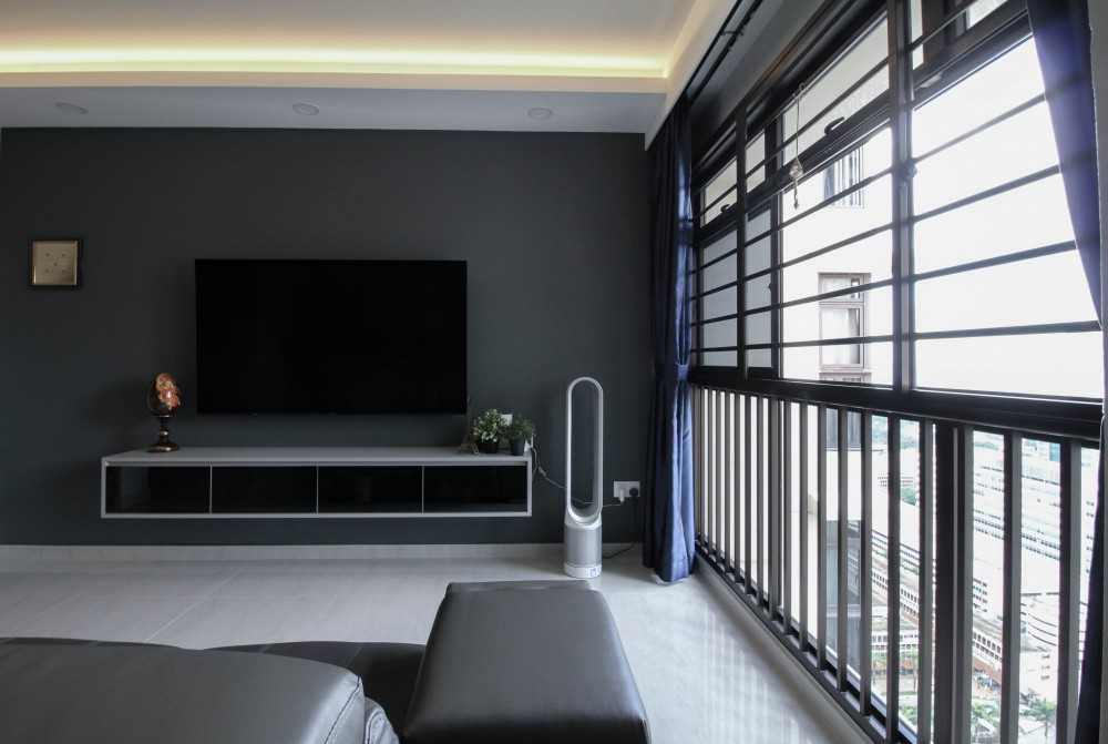Contemporary Living Room with Homogeneous Tiles and TV Console
