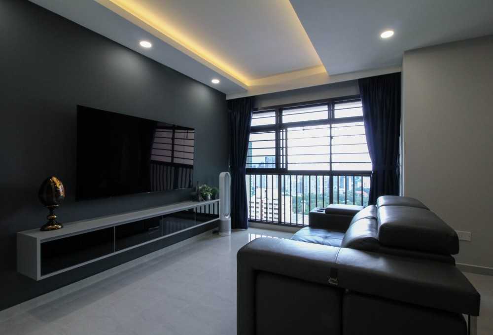 Contemporary Living Room with Homogeneous Tiles and TV Console
