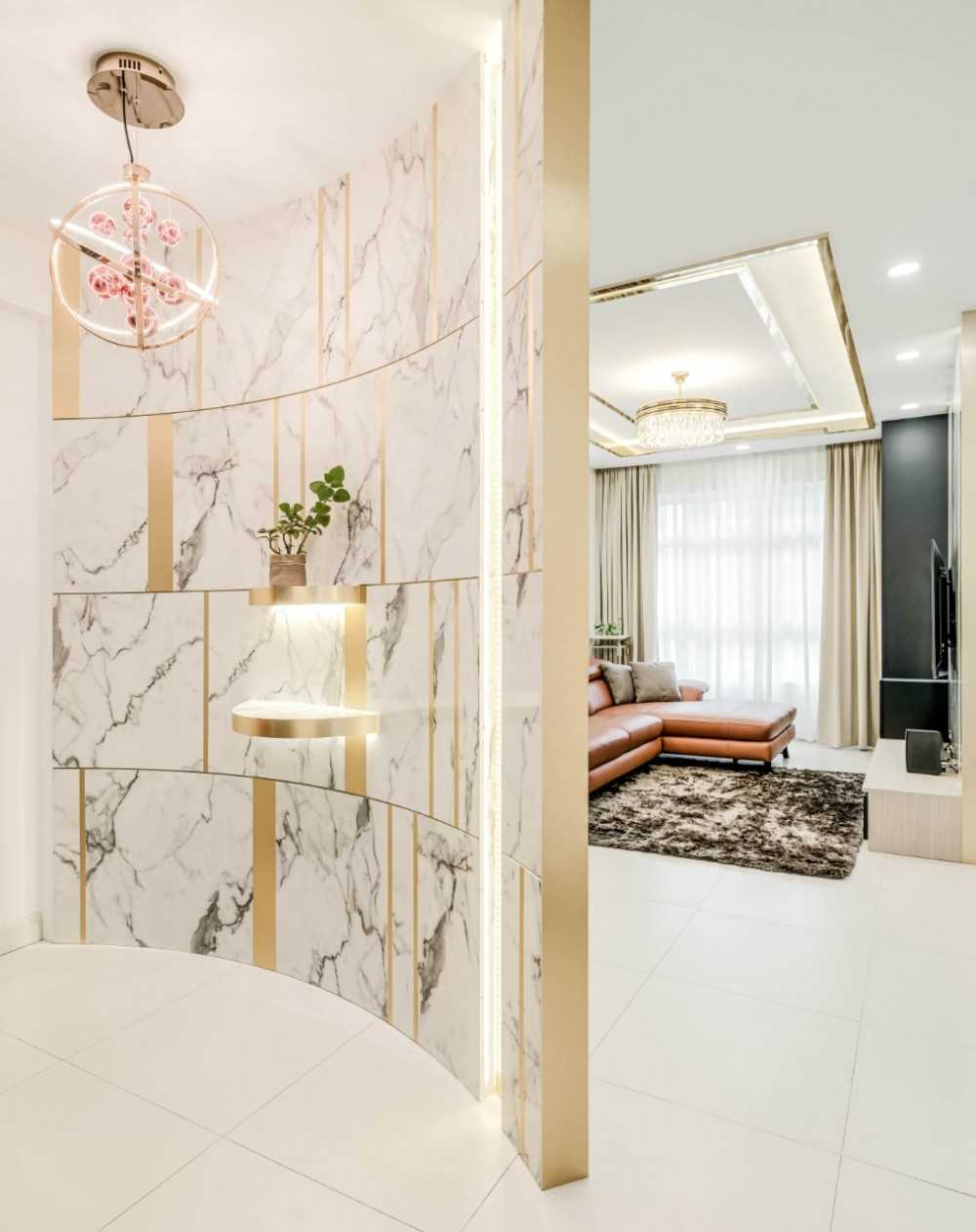 Modern Showroom with Feature Wall and Chandelier
