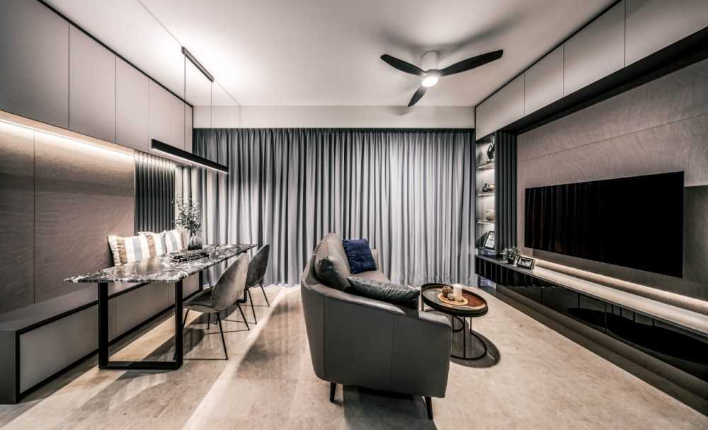 Contemporary Living Room with Feature Wall and Ceiling Fan