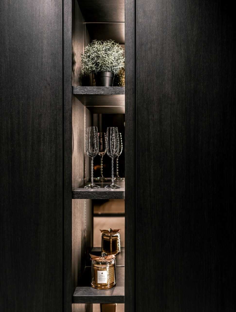 Contemporary Living Room with Storage Cabinets and Lighting