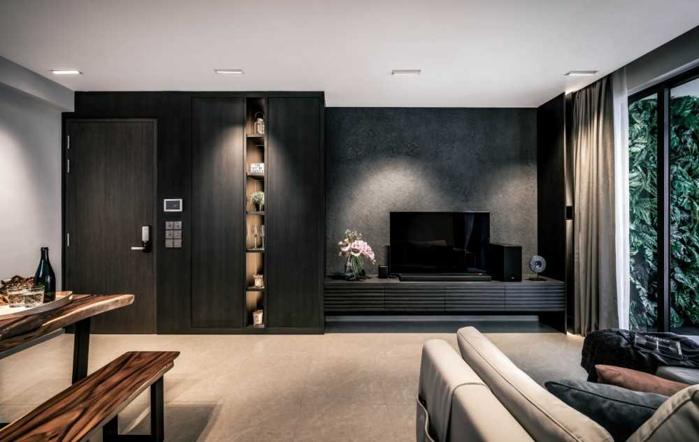 Contemporary Living Room with Feature Wall and Curtain