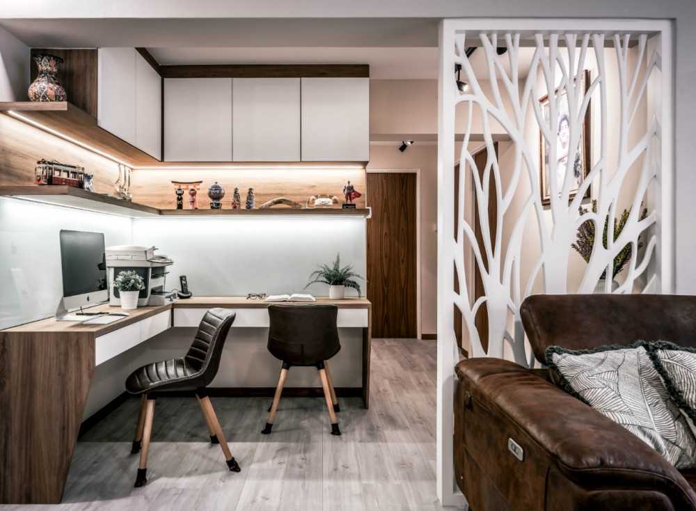 Scandinavian Home Office with Vinyl Flooring and Cove Lighting