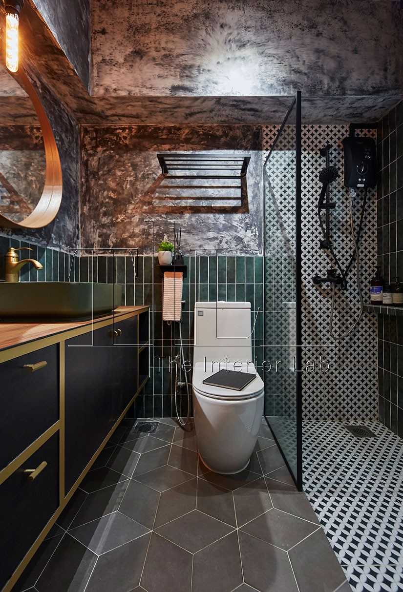 Eclectic Bathroom with Homogeneous Tiles and Shower Screen