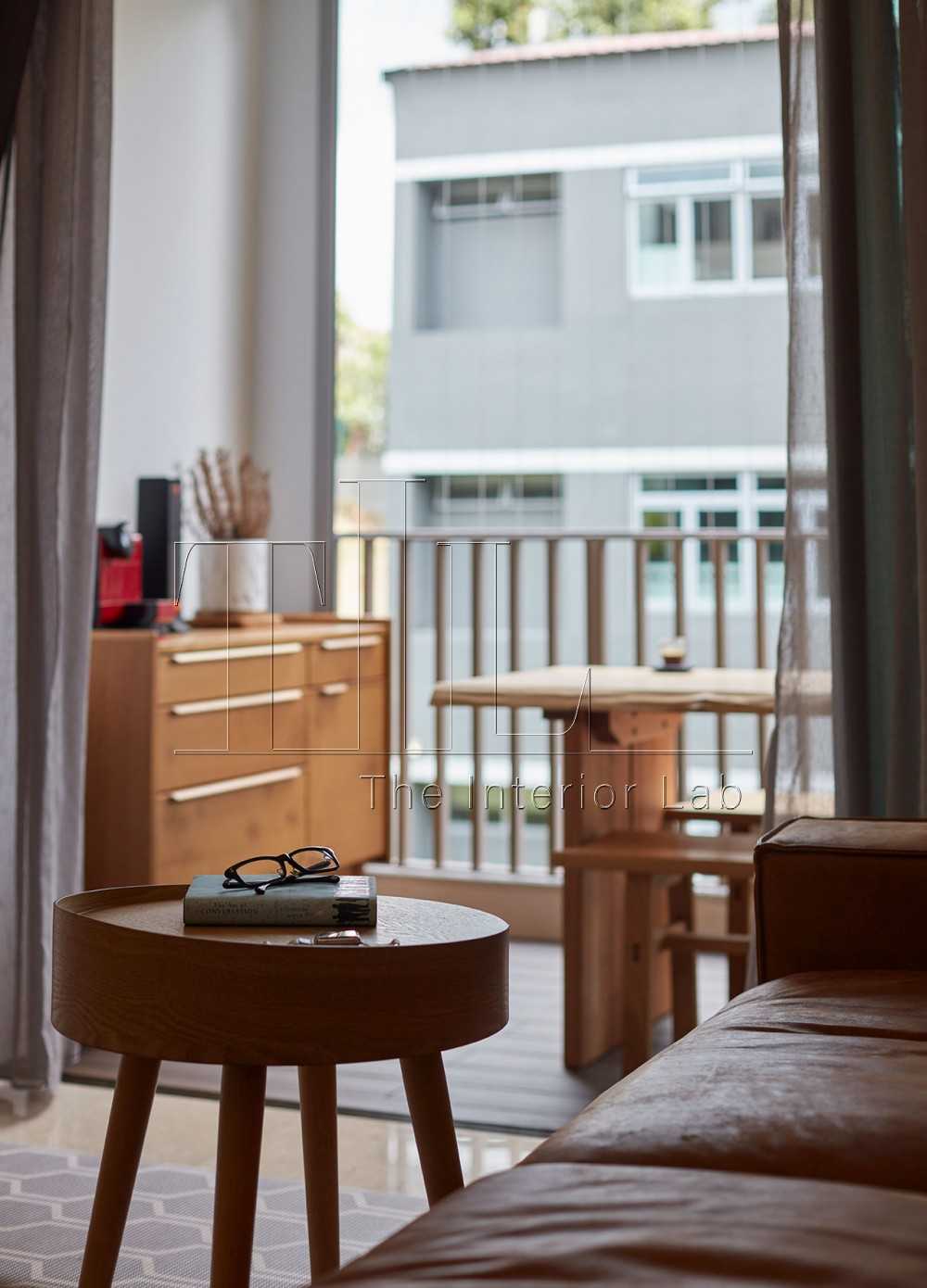 Modern Balcony with Curtain and Dining Table