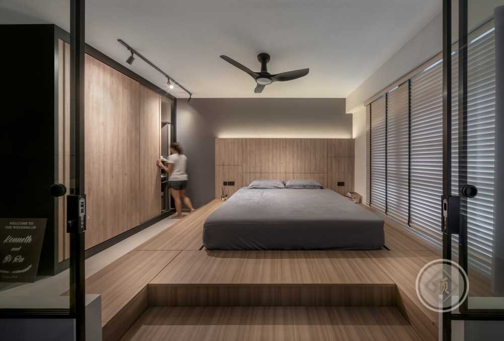 Modern Bedroom with Wood Flooring and Drop Light
