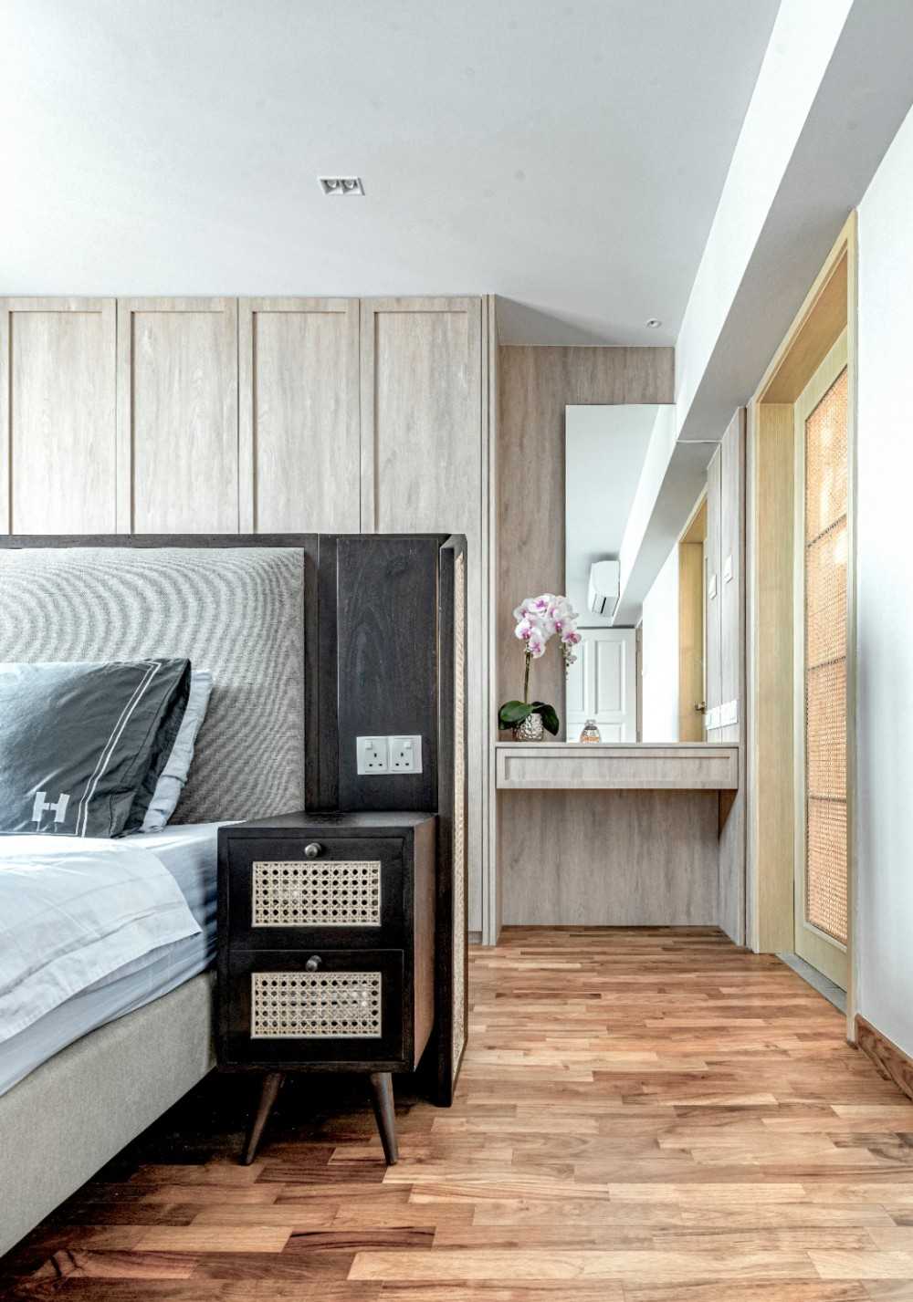 Contemporary Bedroom with Wood Flooring and Built-in Bed