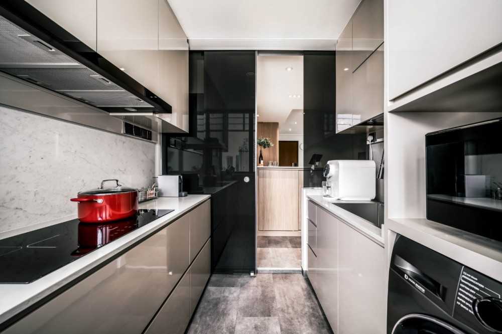 Scandinavian Kitchen with Cookware and Kitchen Cabinets