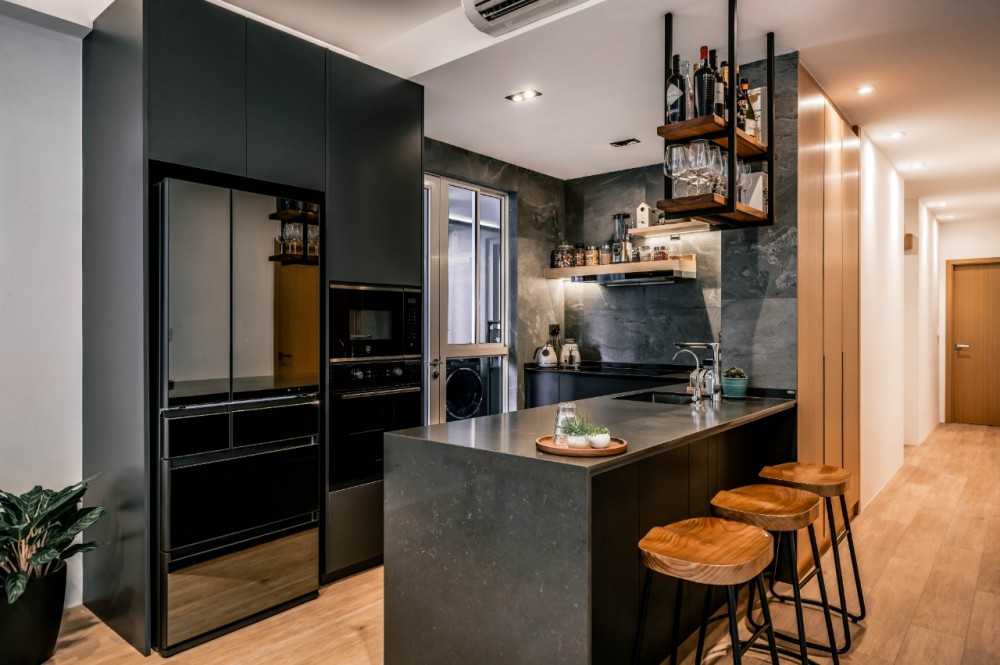 Scandinavian Kitchen with Bar Counter and Cookware