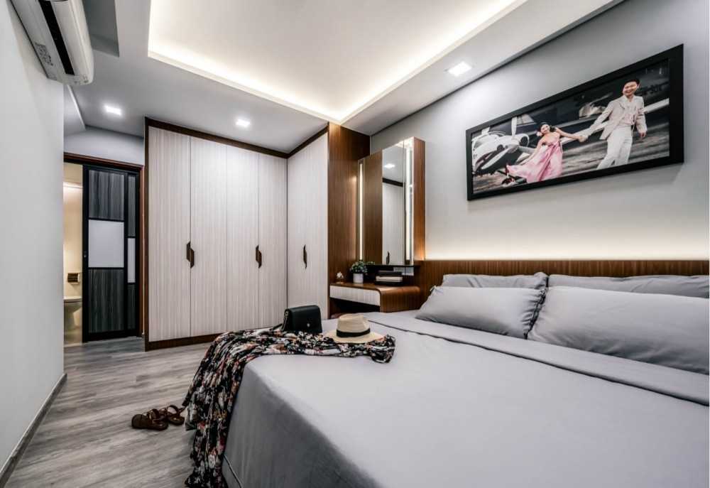 Scandinavian Bedroom with Vinyl Flooring and Storage Cabinets