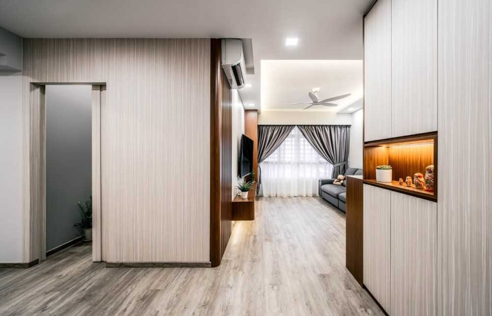 Scandinavian Hallway with Vinyl Flooring and Storage Cabinets