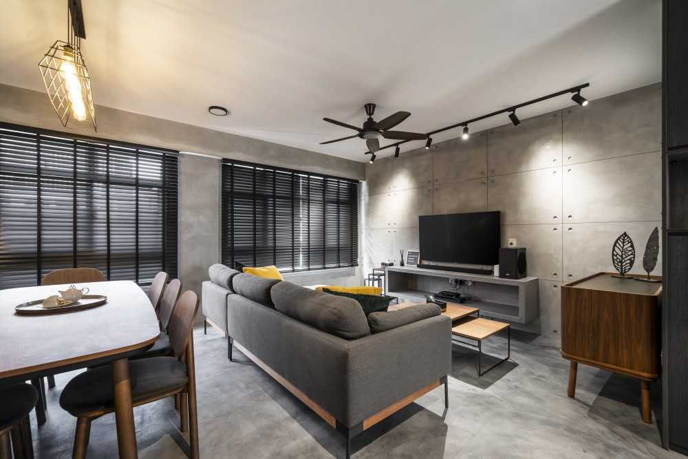 Industrial Living Room with Cement Floor and TV Console