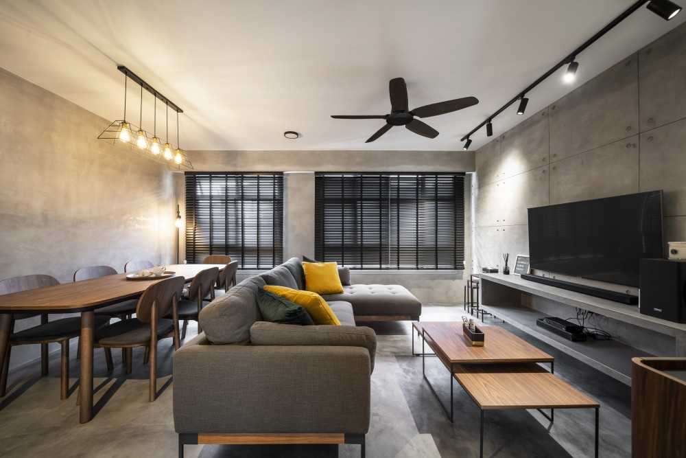 Industrial Living Room with Cement Floor and TV Console