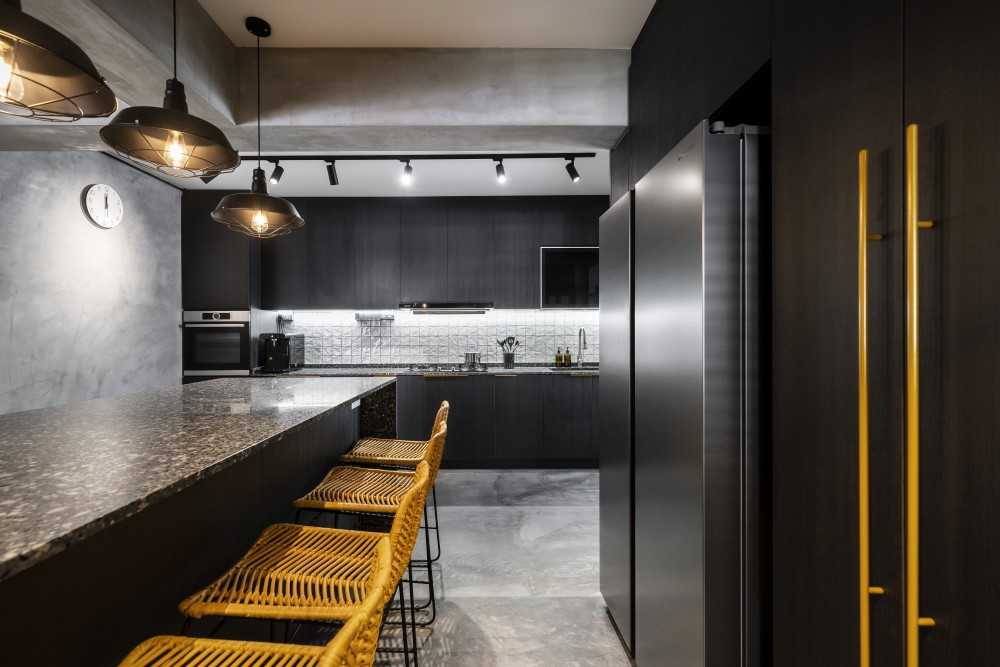 Industrial Kitchen with Countertop and Cement Floor