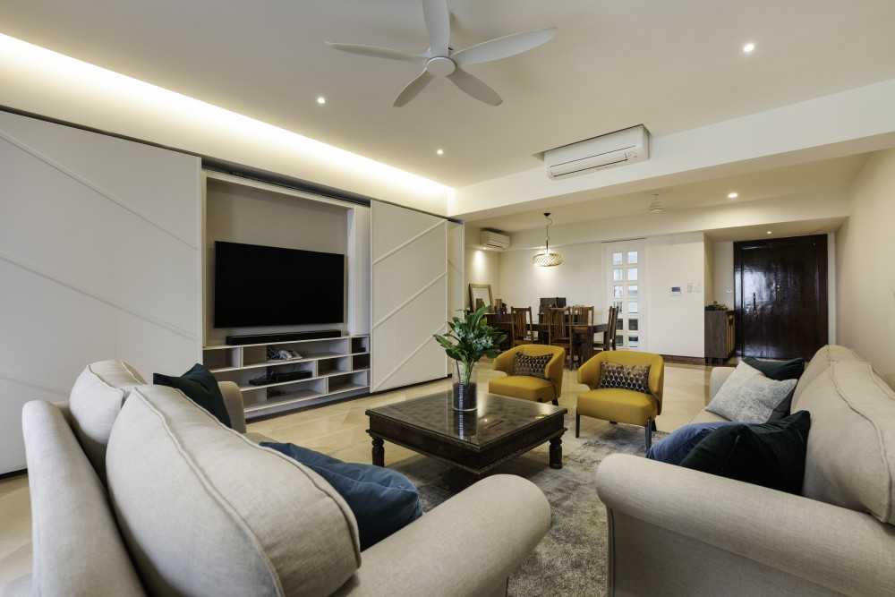 Modern Living Room with Marble Floor and Feature Wall