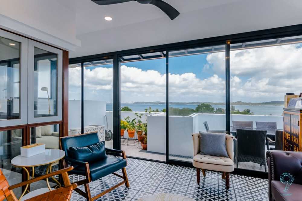 Modern Foyer with Glass Door and Ceiling Fan