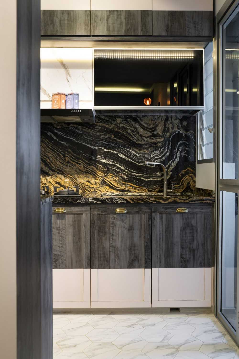 Asian Kitchen with Countertop and Homogeneous Tiles