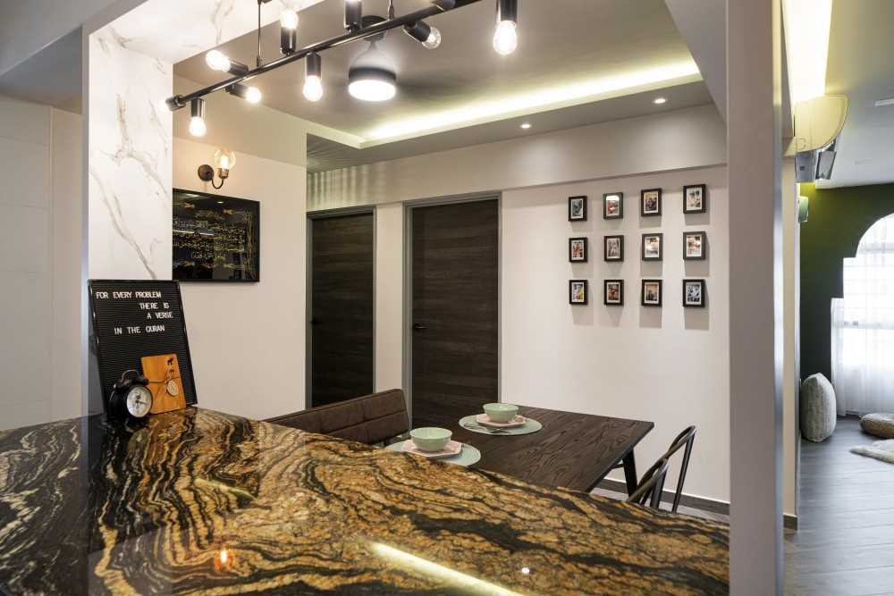 Asian Dining Room with Feature Wall and Dining Table