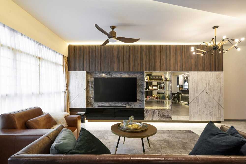 Asian Living Room with Homogeneous Tiles and Feature Wall