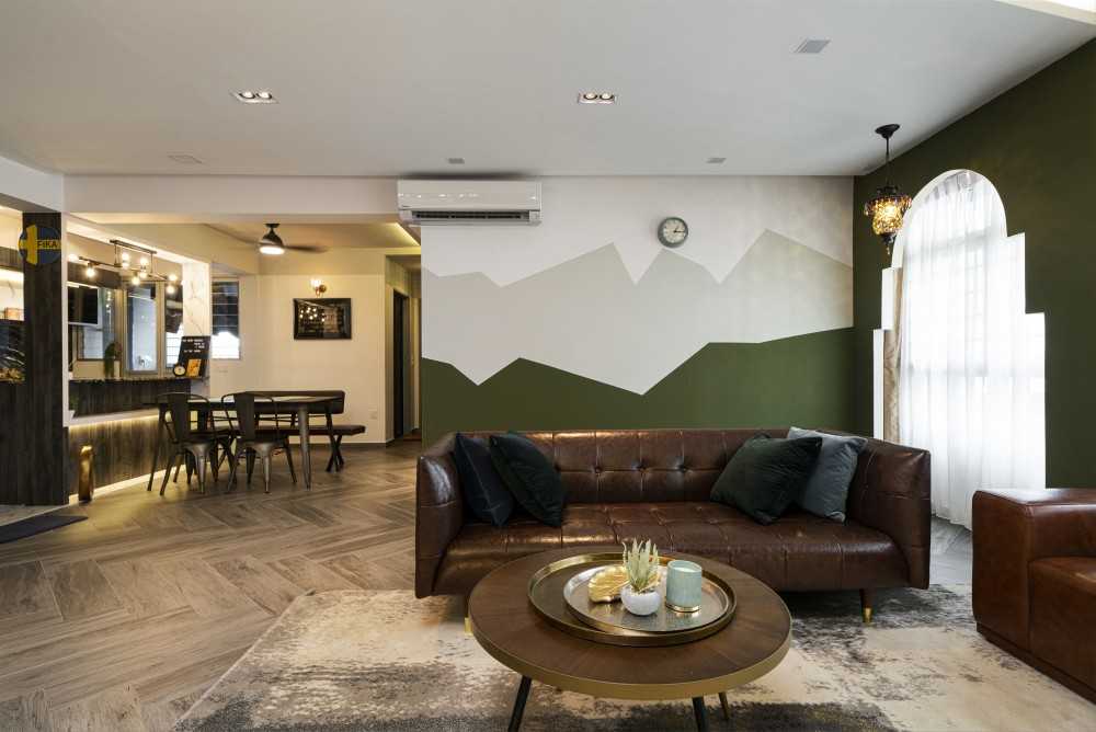 Asian Living Room with Vinyl Flooring and Feature Wall