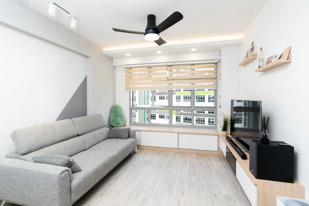 Minimalist Living Room with Wood Flooring and TV Console