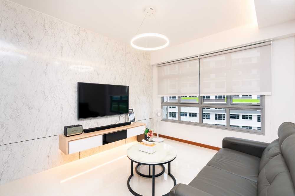 Scandinavian Living Room with TV Console and Feature Wall