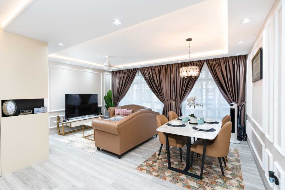 Transitional Living Room with Drop Light and Cove Lighting