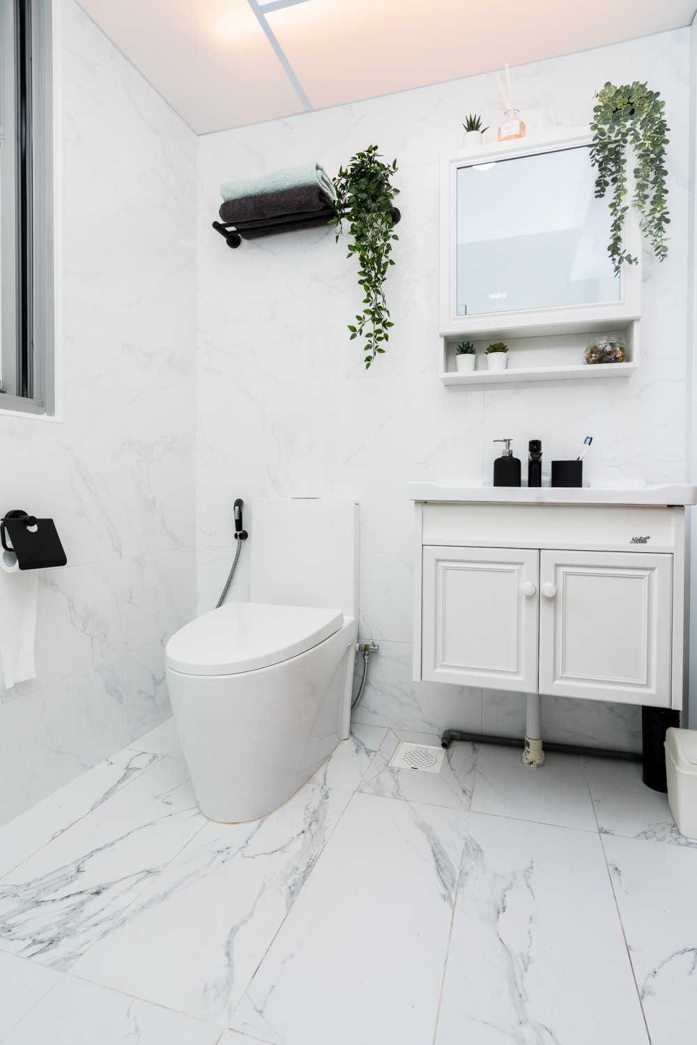 Transitional Bedroom with Marble Floor and Mirror