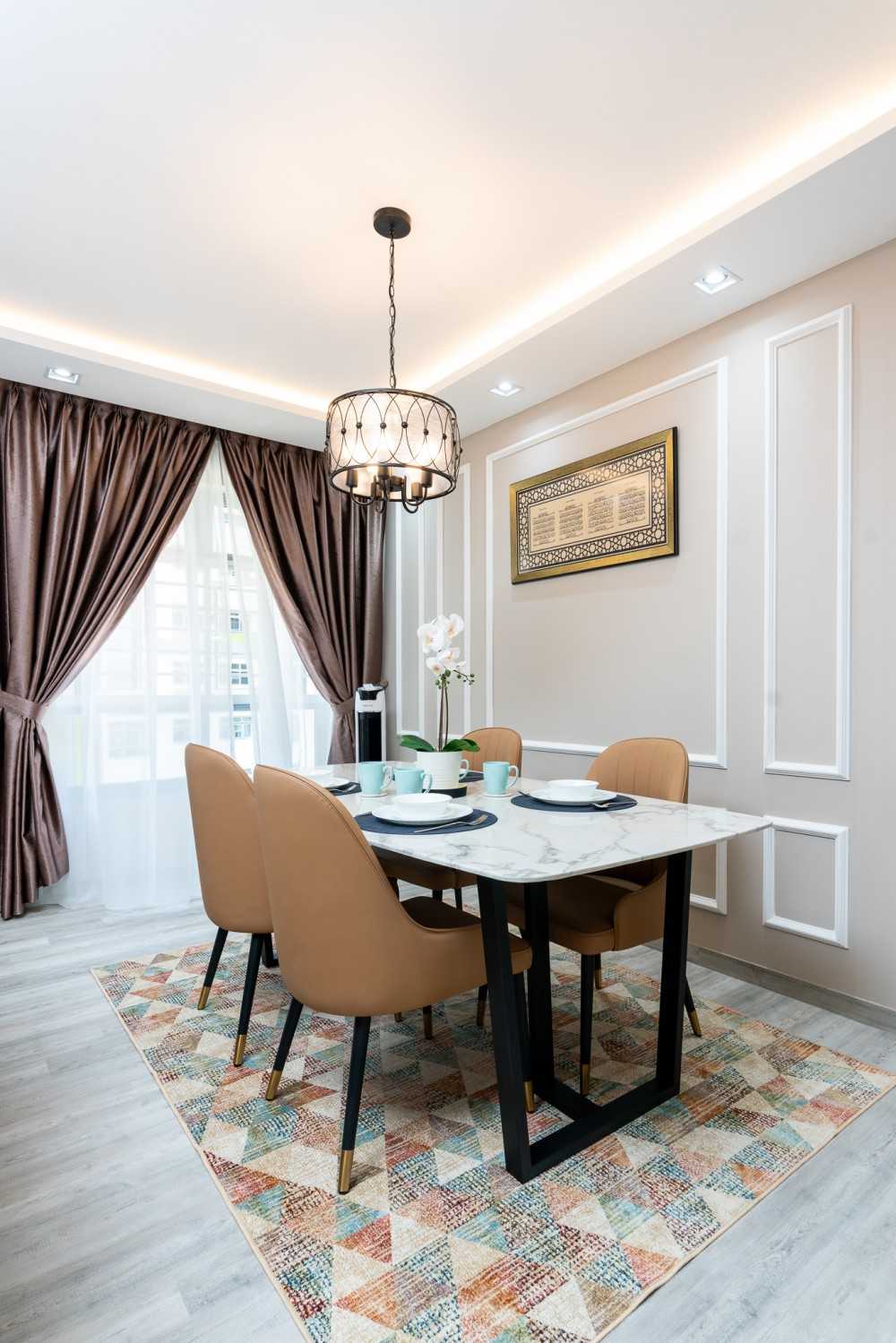 Transitional Dining Room with Drop Light and Cove Lighting