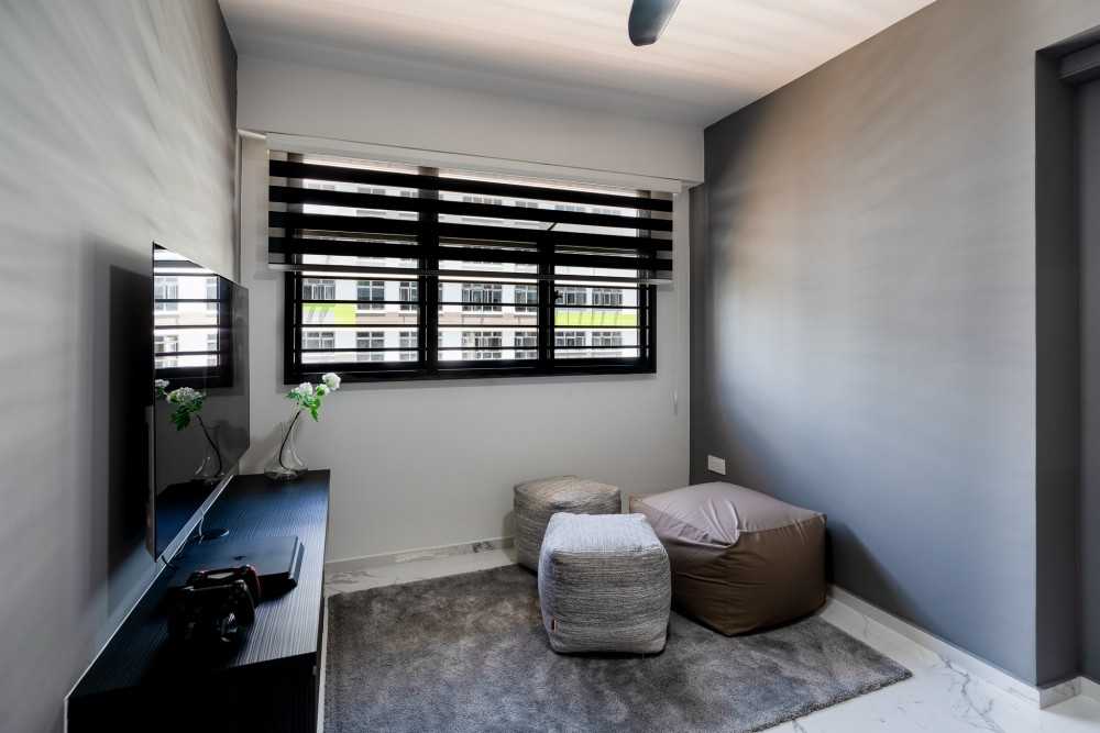 Contemporary Gaming Room with TV Console and Ceiling Fan