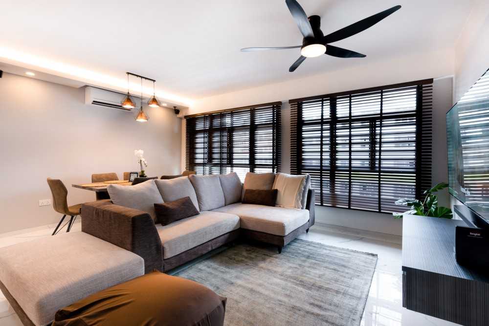 Contemporary Living Room with TV Console and Drop Light