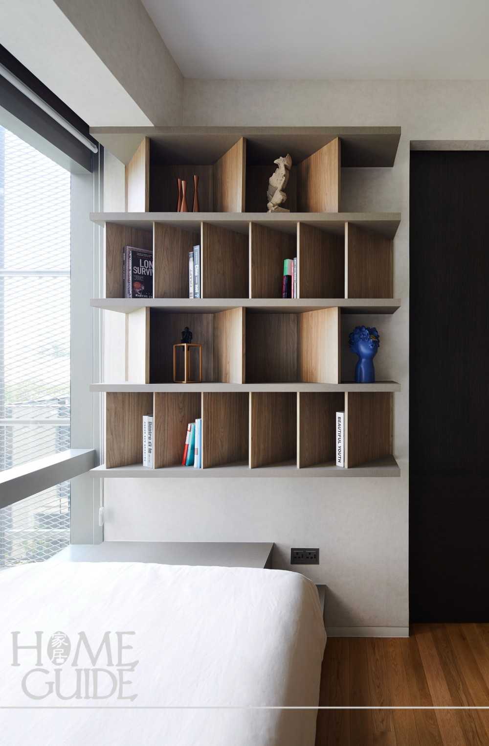 Scandinavian Bedroom with Bookshelf and Bay Window