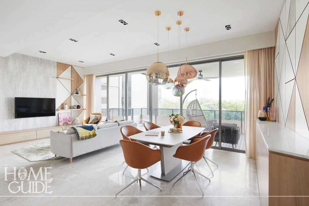 Scandinavian Living Room with Marble Floor and TV Console