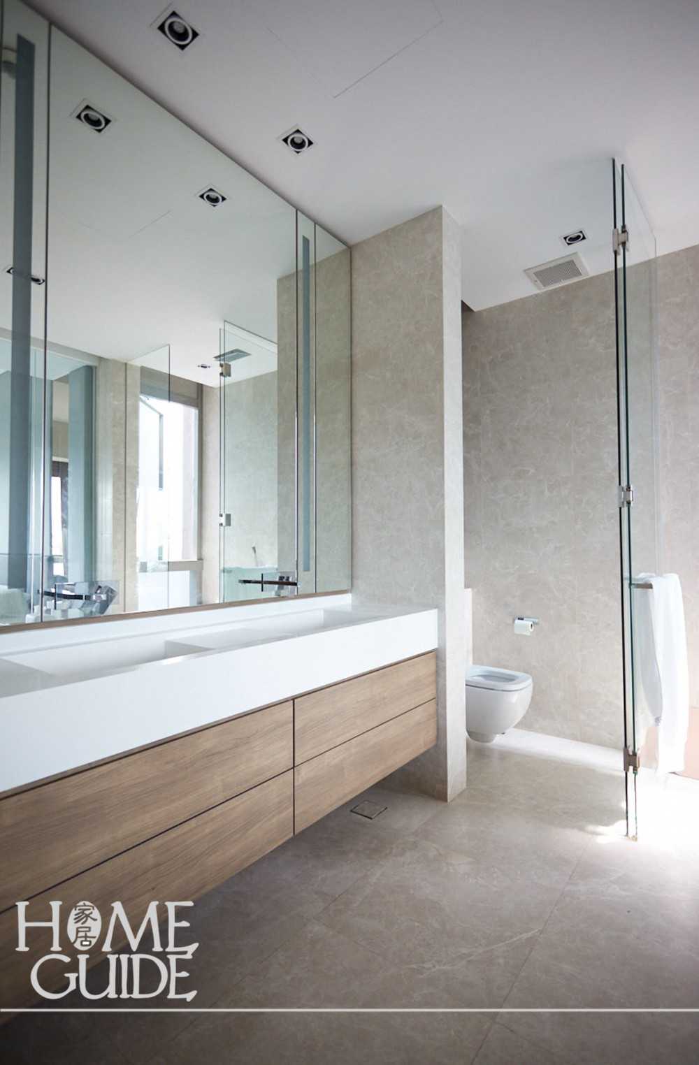 Scandinavian Bathroom with Shower Screen and Laundry Baskets