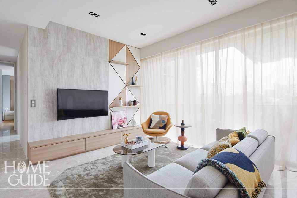 Scandinavian Living Room with Marble Floor and TV Console
