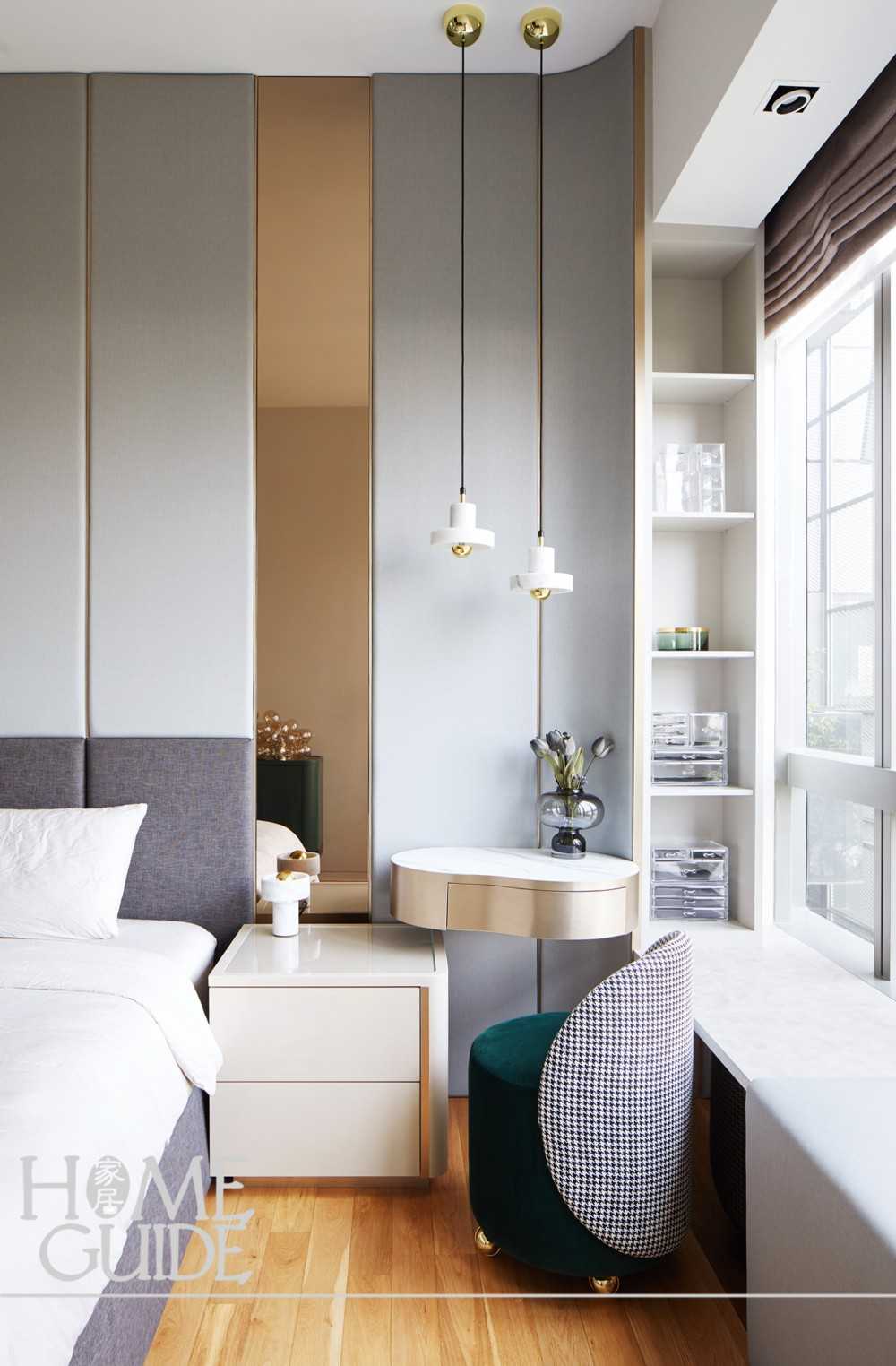 Scandinavian Bedroom with Drop Ceiling and Bed
