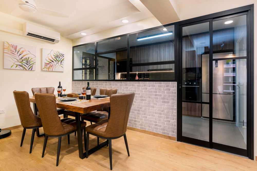 Modern Dining Room with Artwork and Glass Door