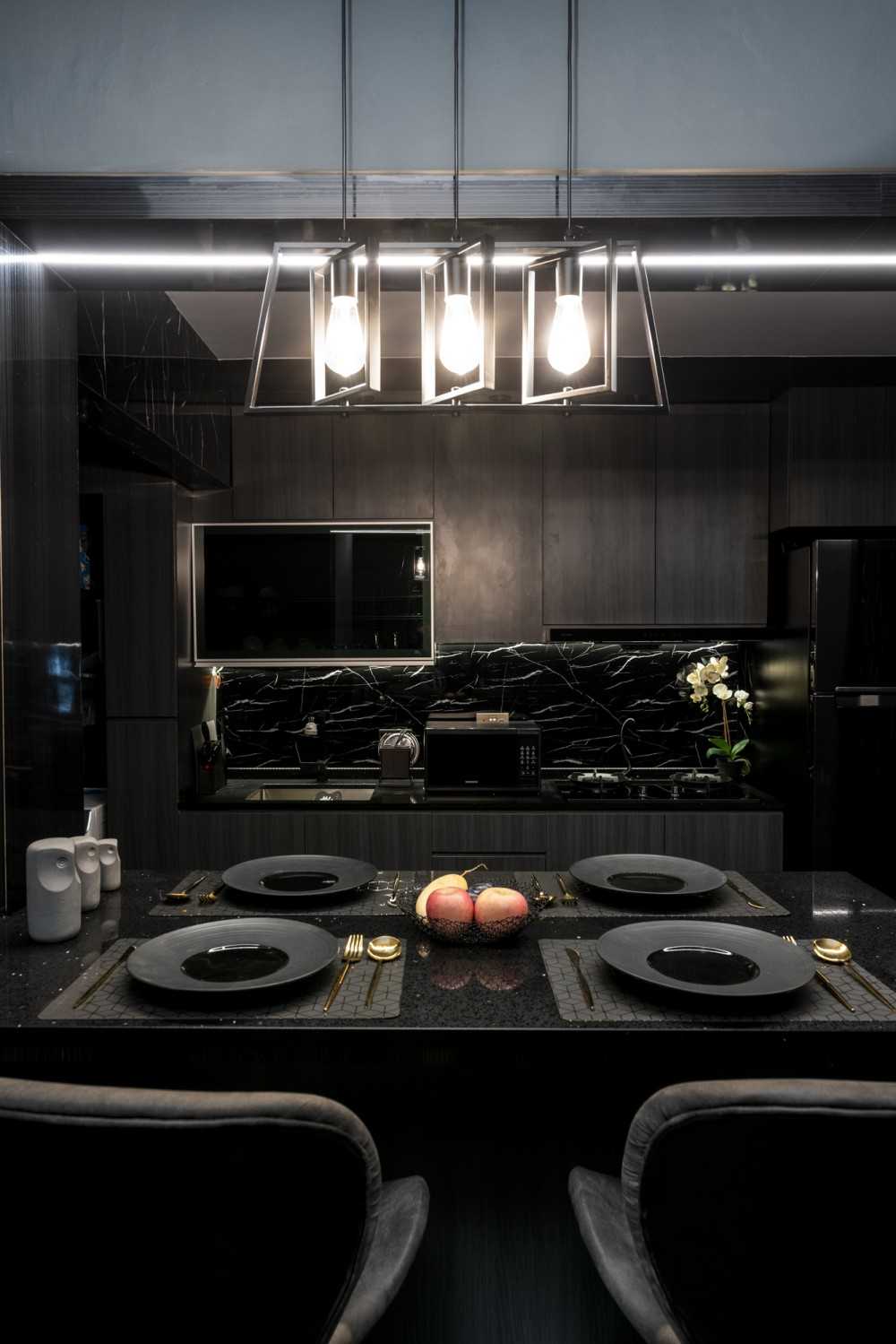 Contemporary Dining Room with Drop Light and Dining Table
