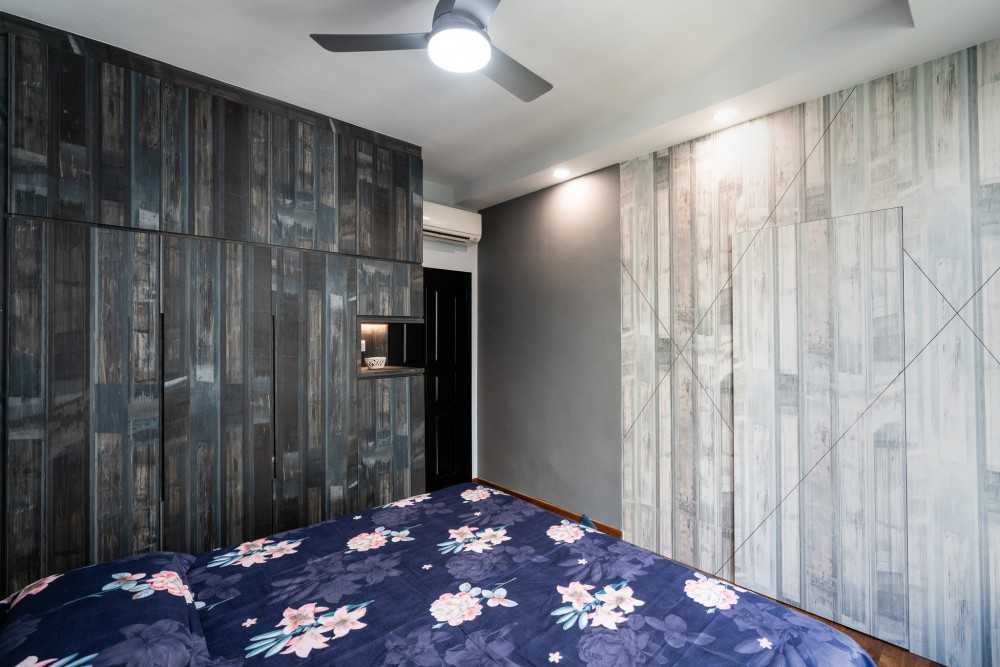 Contemporary Bedroom with Wood Flooring and Feature Wall