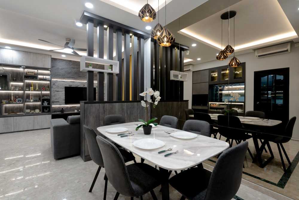 Contemporary Dining Room with Drop Light and Cove Lighting