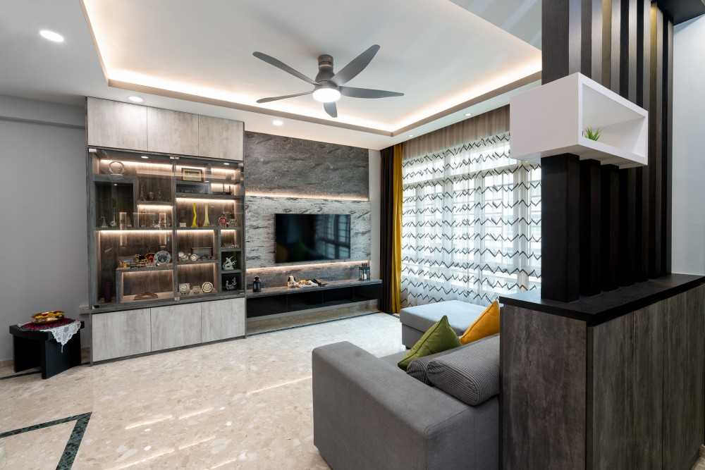 Contemporary Living Room with Granite Floor and TV Console