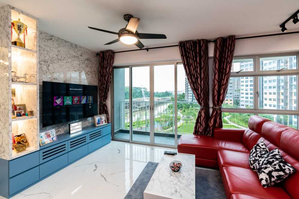 Scandinavian Living Room with TV Console and Ceiling Fan