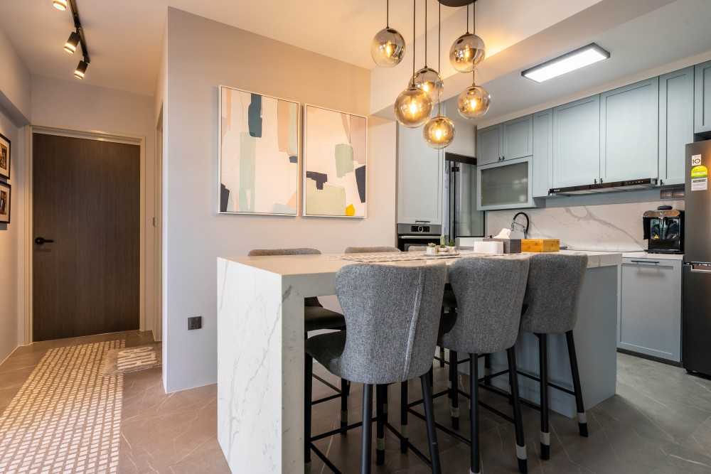Contemporary Kitchen with Drop Light and Kitchen Island