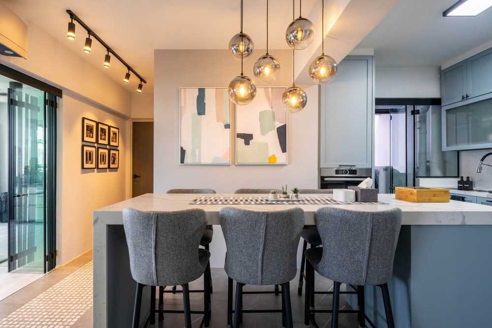 Contemporary Dining Room with Drop Light and Dining Chairs