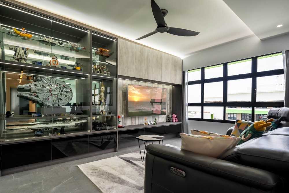 Contemporary Living Room with Homogeneous Tiles and TV Console